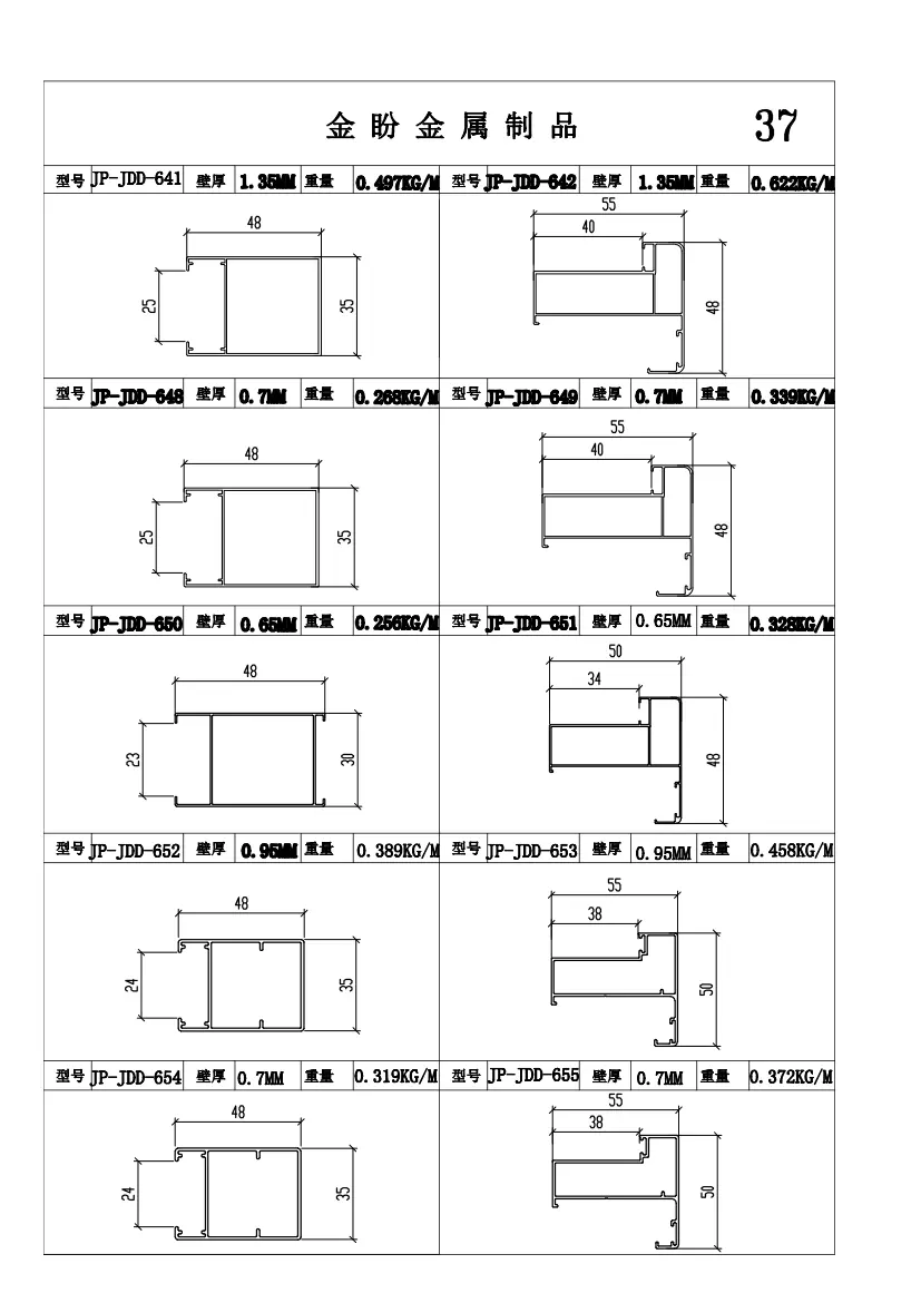 Aluminum profile dimensions and weights